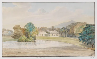 Landskab med hus og dam, West Java