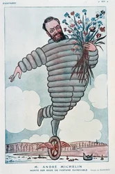 Tegneserie af Andre Michelin og Bibendum - Illustration af Adrien Barrere (1877-1931) i ""Fantasy"" fra 01/07/1923