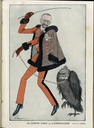 Illustration af A Barrere (1874-1931) i "" Fantasio"", 01/04/15 - Grev Tisza or the Stuffer - War of 14 -18, Østrig, Ungarn - Eagle, Francois-Joseph 1st of Austria, Tisza Istvan - Animation