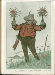 Illustration af A Barrere (1874-1931) i "" Fantasio""", 01/06/15 - Mr. Salandra or the Good Gardener - War of 14 -18, Italien, Vin, Neutralitet, Blomster, Vulkanudbrud, Formand for Rådet, Trieste - Salandra Antonio