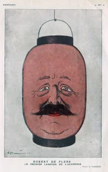Robert Pelleve de La Motte-Ango (Motte Ango), Marquis de Flers, fransk dramatiker (1872-1927). (Akademiets første lygte). Tegnefilm af Barrere i "" Fantasio"" fra juni 1921.