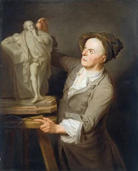 Louis-Francois Roubiliac (1695-1762) modellerer sit monument til Shakespeare (olie på lærred)