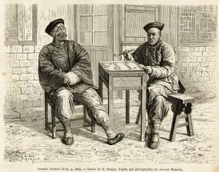 Skakspillere. Gravering efter A.Maries tegning, til illustration af rejsen til Pekin og Nordkina, af T.Choutze, i 1873, udgivet i “” Le tour du monde””” 1876, redigeret af Edouard Charton, udgave Hachette, Paris. Selva samling.