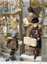 Stakkels pige sælger små buketter ved udgangen af en legetøjsbutik, hvor rige mennesker kommer ud (shopper til jul?) - tegning af Adrien Marie