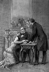 Teaterforestilling: 1. akt af ""Jean Baudry"" af Auguste Vacquerie (1819-1895) med Miss Bertet (Andree), Mr. Barre (Bruel), Edmond Got (1822-1901) (Jean Beaudry). Paris, Comedie Francaise