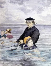 Svømmetime - tegning af Adrien Marie (1848 - 1891), slutningen af 1800-tallet