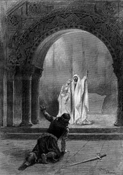 Teaterrepræsentation: "" Garin"" af Paul Delair (1842-1894) med Henri Maubant (1821-1908) (Herbert), Adeline Dudlay (Aischa) og Jean Sully Mounet dit Mounet Sully (Mounet-Sully) (1841-1916) (Garin). Paris, Comedie Francaise