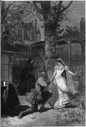 Teaterfremstilling: "Kongen har det sjovt" af Victor Hugo (1808-1883). Akt II scene 5: Triboulets hus, kong Francois 1. (Mounet Sully (eller Mounet Sully) 1841-1916) ved fødderne af Blanche (Julia Bartet