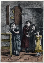 Thenardiers to døtre, Eponine og Azelma, ser på Cosette, der modtog dukken Catherine - Illustration af Adrien Marie (1848-1891) til "De elendige - Anden del: Cosette" af Victor Hugo (1802-1885) 1862