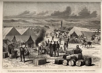 Udsigt over Black Buttes-lejren, sidste station i den røde ørken (Mojave-ørkenen) af Pacific Railway, i september 1868, gravering efter tegningen af A.Marie, der illustrerer rejsen fra Washington til San Francisco, i 1868, af L. Simonin, udgivet i