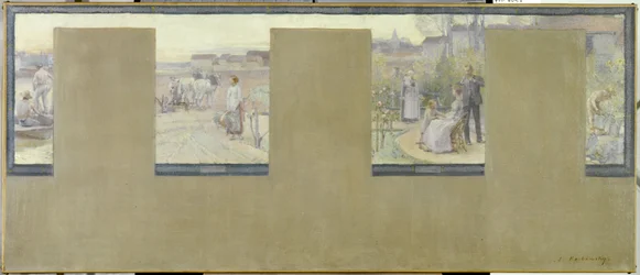 Skitse til rådhuset i Nogent-sur-Marne: Le canotage - le labourage - la villégiature - le jardinage, en 1889 (olie på lærred (armure))
