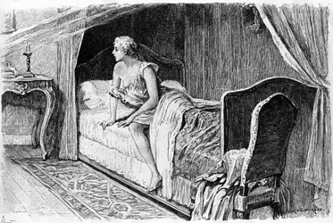 Gravering af Adrien Moreau (1843-1906), der illustrerer "" Candide"" af Francois Marie Arouet dit Voltaire (1694-1778).