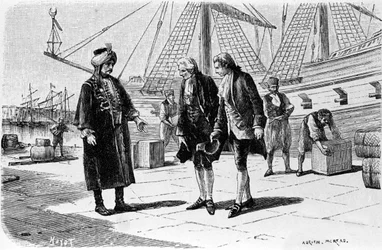 Gravering af Adrien Moreau (1843-1906), der illustrerer "" Candide"" af Francois Marie Arouet dit Voltaire (1694-1778).
