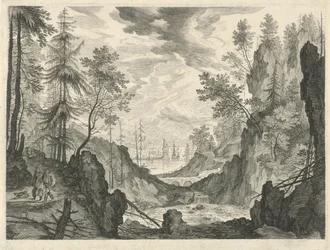 Skovlandskab med et vandfald Bjerglandskaber fra Tyrol (serietitel)