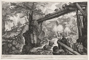 Otte bøhmiske landskaber: Landskab med logbro over grå stær, ca. 1610-1615.