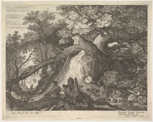 En mand, der holder en stav og sidder på en træstamme, med to geder til hver side, surro..., ca. 1600.