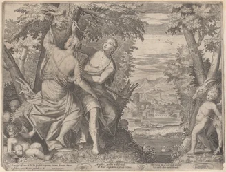 Angelica og Medoro, de står ved siden af et vandløb, mens Medoro skærer deres navne ind i en tr..., 1590-98.