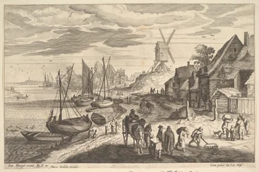 Kystscene med en vindmølle.n.d.