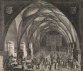 Indvendig udsigt over Vladislav Hall på Prags slot under den årlige messe, 1607., 1607.