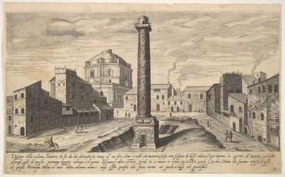 Plade 31: billede af Trajans søjle, vist med dens piedestal gravet ud fra jorden, su..., 1606.