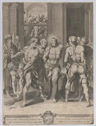 The flagellation of Christ, med floggers på hver side og skikkelser, der ser på fra en balco..., 1593.