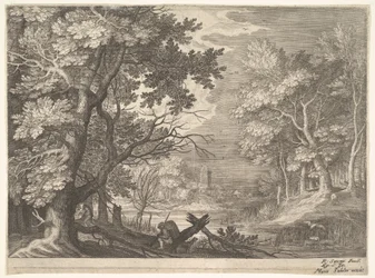 Skovscene med sumpede bredder, to mænd og en hund i profil til venstre, to-langhalset..., ca. 1600.