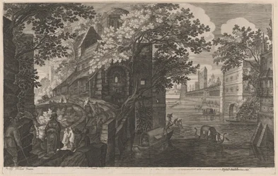Gondoler på en flod ved et palads