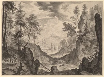 Skovscene med et vandfald