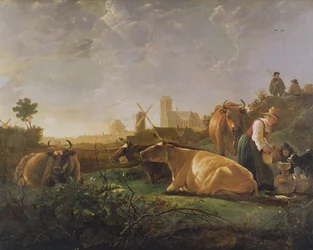 Fjern udsigt over Dordrecht med sovende hyrde og fem køer («Det lille Dort»), ca. 1650-52
