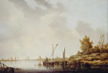 En flodscene med fjerne vindmøller, ca. 1640-42