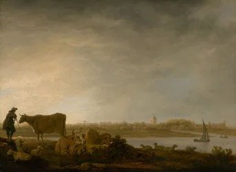 Udsigt over Vianen med en hyrde og kvæg ved en flod