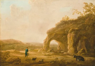 Et italiensk landskab med hyrder ved en grotte