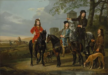 Ridesportræt af Cornelis og Michiel Pompe van Meerdervoort med deres underviser og kusk, Starting for the Hunt, ca. 1652-53