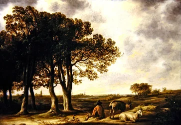 Gedehyrde i landskab, en fjern udsigt over Amsterdam (olie på panel)