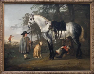 Grå hest i et landskab. Maleri af Albert (Aelbert eller Aelbrecht) Cuyp (1620-1691), olie på lærred, ca. 1650. Hollandsk kunst