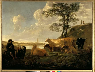 Landskab nær Rhenen: græssende køer og hyrde, der spiller fløjte. Maleri af Albert (Aelbert eller Aelbrecht) Cuyp (1620-1691)