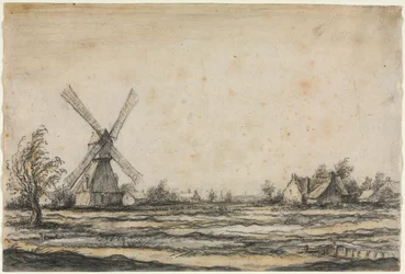 Landskab med en vindmølle nær en bondegård, 1642-1644.