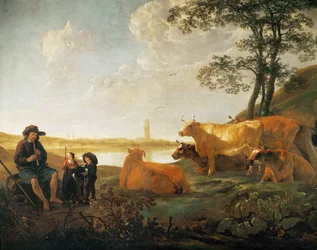 Landskab med hyrder og flok, nær Rhenen, Holland ...