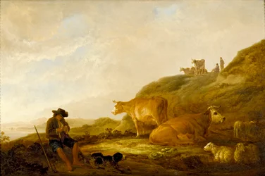 Siddende hyrde med køer og får på en eng, c1644
