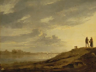 Solnedgang over en flod, 1650