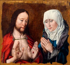 Kristus viser sin mor neglesårene i sine hænder, ca. 1490.