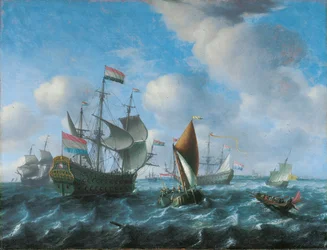 En krigsmand, muligvis Het Wapen van Utrecht, et bredt skib og en hækslup i en stiv brise, 1671