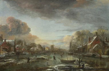 En frossen flod ved en by om aftenen, ca 1665