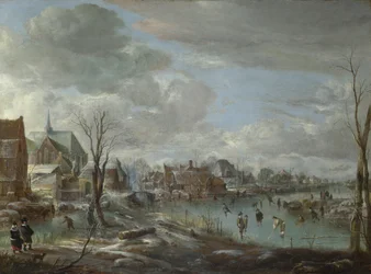 En frossen flod nær en landsby med golfspillere og skatere, ca. 1647-1648