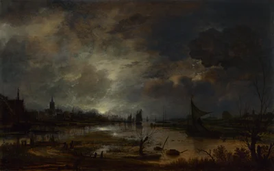 En flod nær en by, ved måneskin, ca. 1645