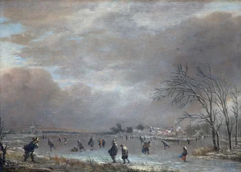 Vinterlandskab med skatere på en frossen flod
