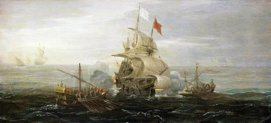Angrebet på et fransk handelsskib af pirater fra Barbaresk (eller osmanniske korsarer), Middelhavet. Olie på træ af Aert Anthonisz (ca. 1579-1620).