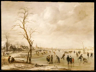 Et vinterlandskab med byboere, der står på skøjter og spiller kolf på en frossen flod, med en by i baggrunden