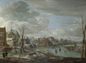 En frossen flod nær en by med golfspillere og skatere. Omkring 1648