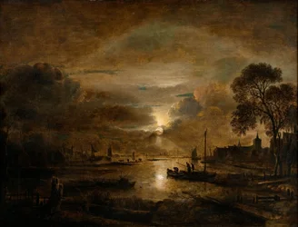 Måneskin ved en hollandsk flod, ca. 1650 (olie på lærred)